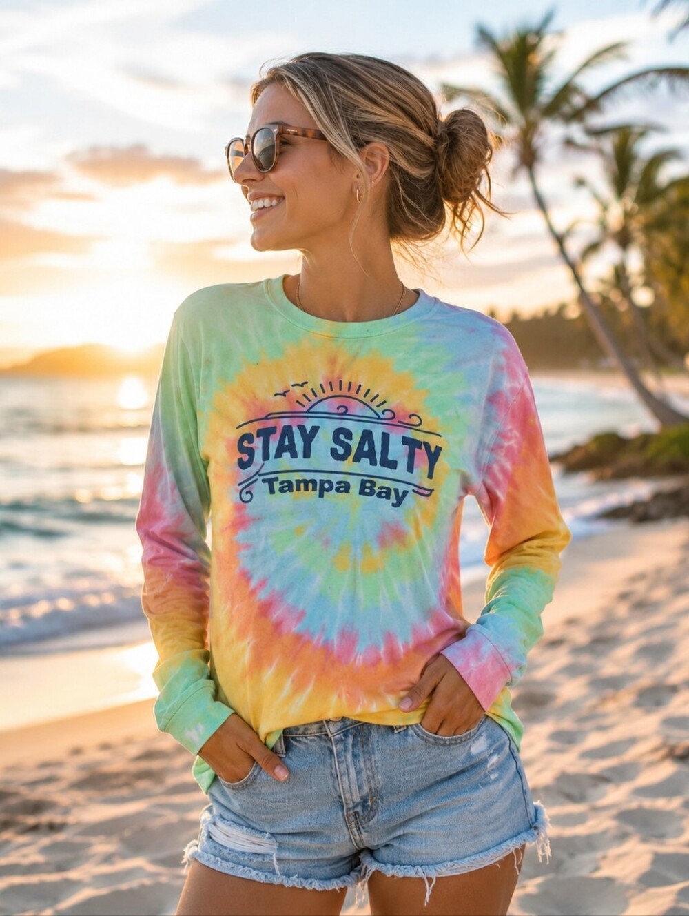 NEW Stay Salty Tampa Bay FLORIDA Colorful Tie-Dye Long Sleeve Tee Shirt size M
